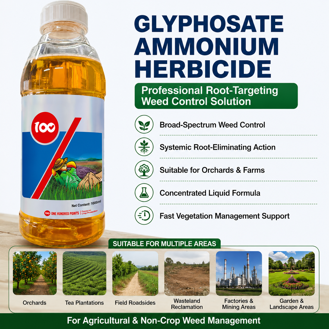 Glyphosate Ammonium Herbicide Concentrate for Orchard & Agricultural Weed Control, Systemic Root-Eliminating Formula